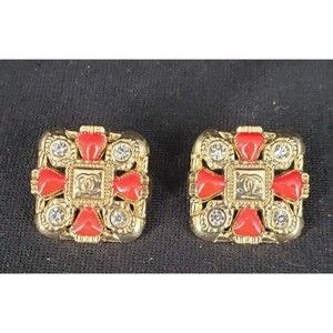 Chanel Buttons Lot of 2 Gold Tone Red Enamel Clear Rhinestone Maltese Cross 22mm